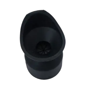 Black plastic pipe fitting with tapered interior and star-shaped grate at the bottom, viewed from the top edge.