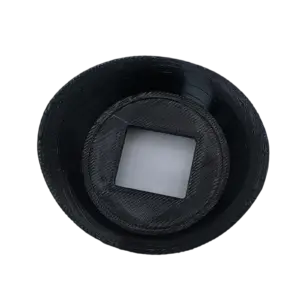 Close-up of a black camera lens with a square inner opening at the center.