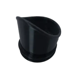 Close-up of a black plastic threaded spout with ridged exterior, angled view revealing internal threads and tapering lip