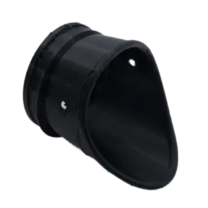Black plastic camera lens hood viewed at an angle, showing its curved, ribbed edge and inner cavity.