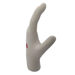 White mannequin hand making a peace sign against a black background