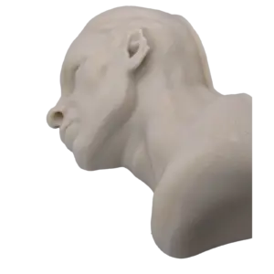 White plaster bust in profile, showing ear, nose, and neck with subtle tool marks and circular texture lines.