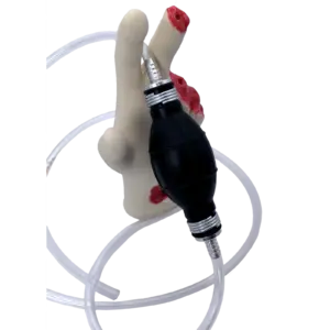 Beige prosthetic hand gripping a metal connector with clear tubing looping around it and a red-tinted fingertip.